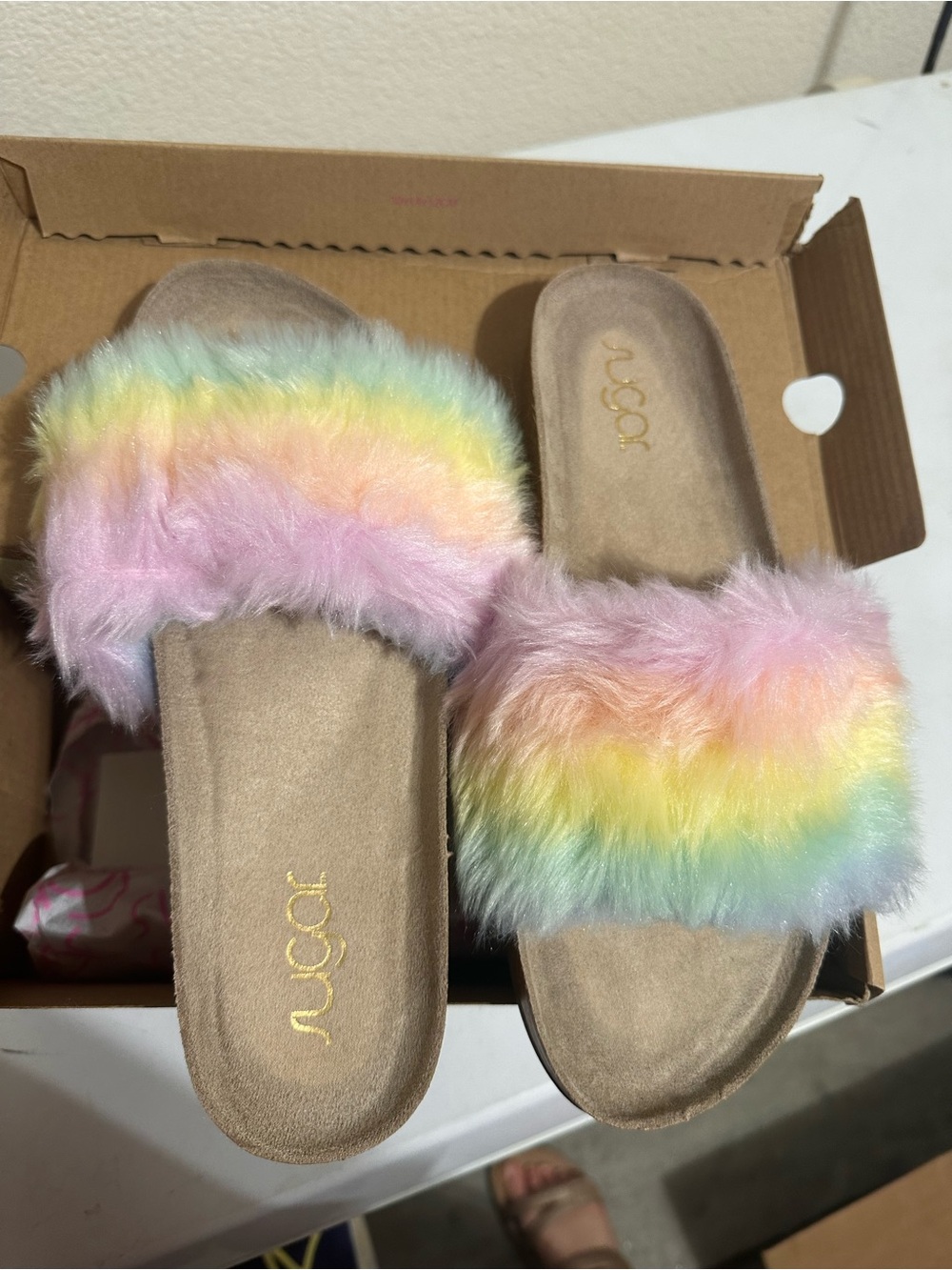 Sugar Pastel Rainbow Faux Fur Slide Sandals
